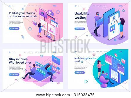 Set Isometric Landing Pages, Young People Test And Use Mobile Applications In Social Networks. For W