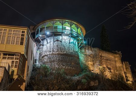 Night View On Balcony And Terrace Of Queen Darejan's Palace In Tbilisi.