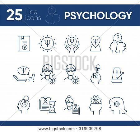 Psychology Line Icon Set. Man, Woman, Head, Gear. Mental Science Concept. Can Be Used For Topics Lik