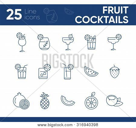Fruit Cocktails Icons. Set Of Line Icons. Coconut, Pineapple. Beverage Concept. Vector Illustration 
