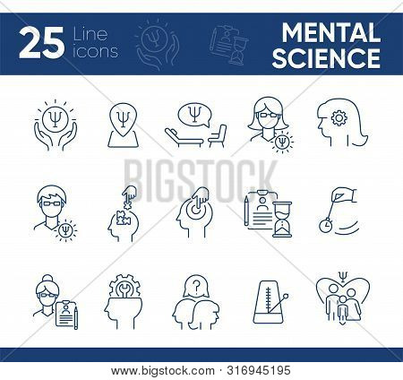 Mental Science Line Icon Set. Patient, Psychologist, Brain Work. Psychology Concept. Can Be Used For