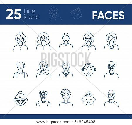 Faces Icons. Set Of Line Icons On White Background. Young Man, Boy, Mid Adult Man. People Concept. V