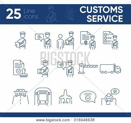 Customs Service Icons. Set Of Line Icons. Check Of Package, Truck, Airplane, Train. Logistics Concep