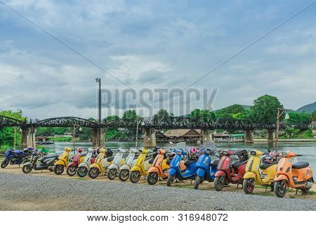 Kanchanaburi, Thailand - August 4, 2019 : Vespa Gang Were Parking In The Line For Meeting And Gether