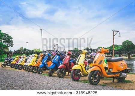 Kanchanaburi, Thailand - August 4, 2019 : Vespa Gang Were Parking In The Line For Meeting And Gether