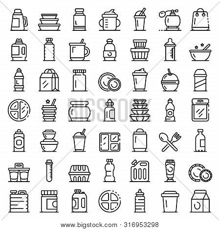 Plastic Tableware Icons Set. Outline Set Of Plastic Tableware Vector Icons For Web Design Isolated O