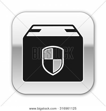 Black Delivery Pack Security Symbol With Shield Icon Isolated On White Background. Delivery Insuranc