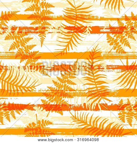Stylish New Zealand Fern Frond And Bracken Grass Over Painted Stripes Seamless Pattern Design. Indon