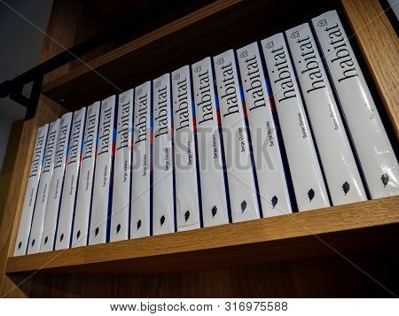 Strasbourg, France - Sep 2, 2017: Rows Of Habitat Furnitures Shop Books On A Shelf Written By Serge 