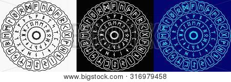Set Of Old Norse Runes Circles. Runic Alphabet, Futhark. Ancient Occult Viking Characters Letters, R