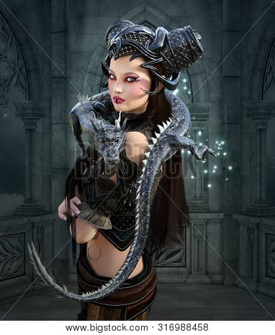 Beautiful Sexy Warrior In Black With A Blue Dragon On Her Shoulder - 3d Illustration