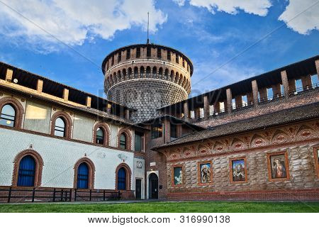 Milan, Italy - October 2, 2018: Part Of Medieval Sforza Castle Or Castello Sforzesco By Francesco Sf
