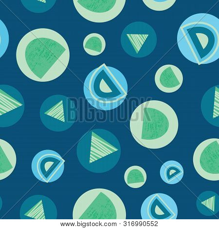 Blue And Green Organic Circular Shapes And Triangles On Blue Background Seamless Pattern.
