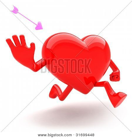 Runaway mascotte a forma di cuore e di evitare la freccia