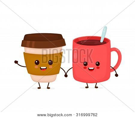 Happy Cute Smiling Funny Coffee Cups Friends. Vector Flat Cartoon Character Illustration Icon Design