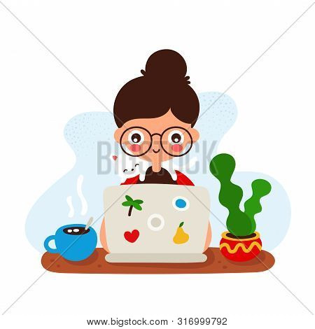 Cute Happy Smiling Young Girl At A Desk With A Laptop And Cat.vector Hand Drawing Flat Style Illustr