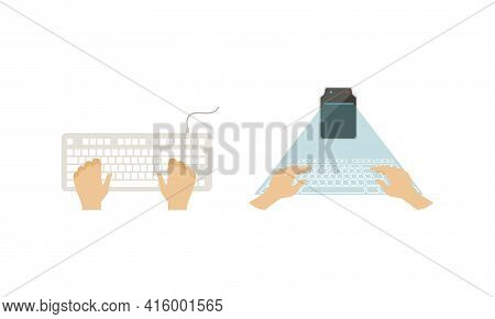 Top View Of Male Hands On Computer Keyboard Set, Wireless And Virtual Input Device Vector Illustrati