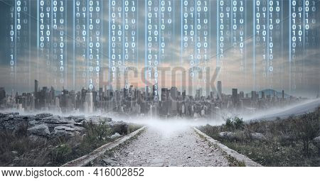 Composition of digital interface over a cityscape in background. global technology, digital interface, connection and communication concept digitally generated image.