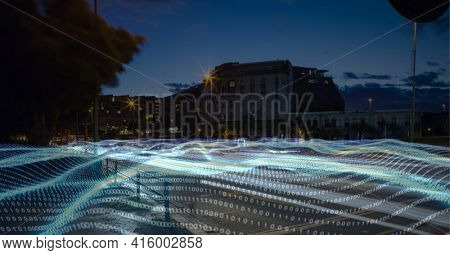 Composition of digital interface over a cityscape in background. global technology, digital interface, connection and communication concept digitally generated image.