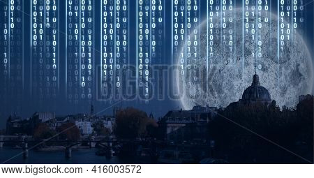 Composition of digital interface over a cityscape with a full moon in background. global technology, digital interface, connection and communication concept digitally generated image.