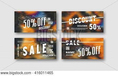 Stock Vector Set Of Discount Voucher Template. Printed On Color Hand Painted Psychedelic Tie Dye Blu