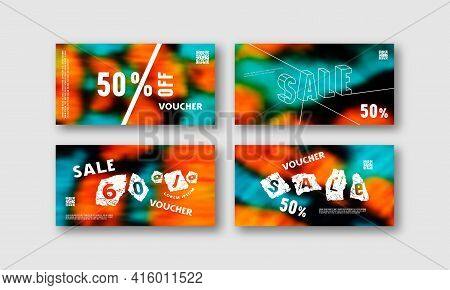 Stock Vector Set Of Discount Voucher Template. Printed On Color Hand Painted Psychedelic Tie Dye Blu