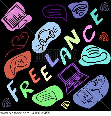 Doodle Illustration On A Black Background, Colored Letters And Icons