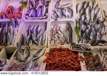 Fresh Fishes For Sales In Turkish Market In Antalya, Turkey