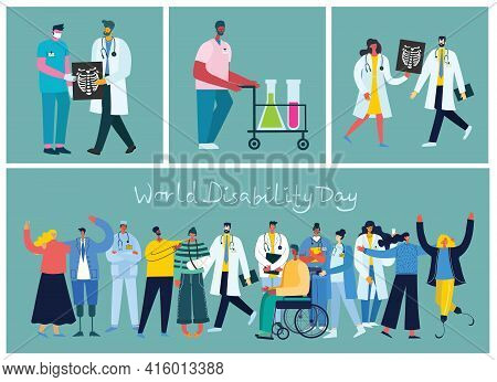Vector Background With Disabled People, Young Handycap Persons And Friends Near Helping. World Disab