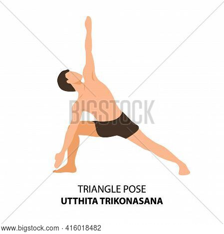 Man Practicing Yoga Pose Isolated Vector Illustration. Man Standing In Triangle Pose Or Utthita Trik