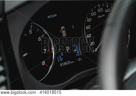 Moscow, Russia - January 30, 2021 Mitsubishi Outlander Dark Interior Close Up View. Third Generation