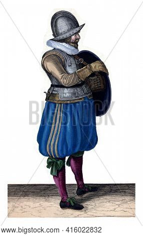 The exercise with shield and spear: the soldier pulls his arm out of the belt of the shield shield, vintage engraving.