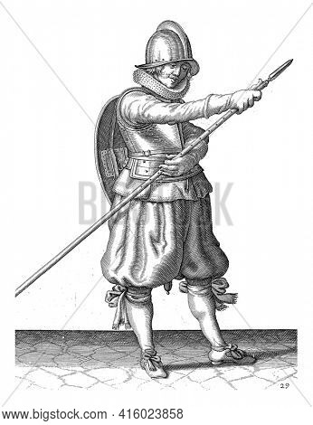 The exercise with shield and spear: the soldier reinserts the spear with two hands position, vintage engraving.