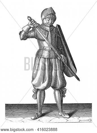 The exercise with the targe and rapier: the soldier puts his rapier back into the sheath , 1618, vintage engraving.