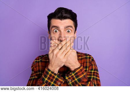 Photo Of Crazy Guy Crossed Palms Cover Mouth Look Camera Wear Bow Tie Plaid Shirt Isolated Purple Ba