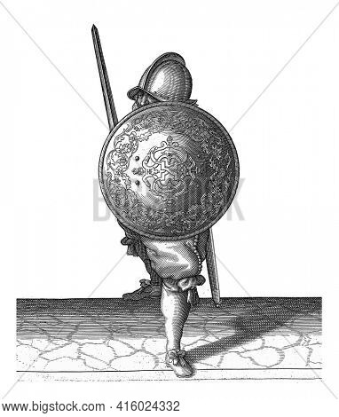 The exercise with shield and spear: the soldier in a defensive position with one foot forward and with his rapier and shield on the knee in front of the body, vintage engraving.