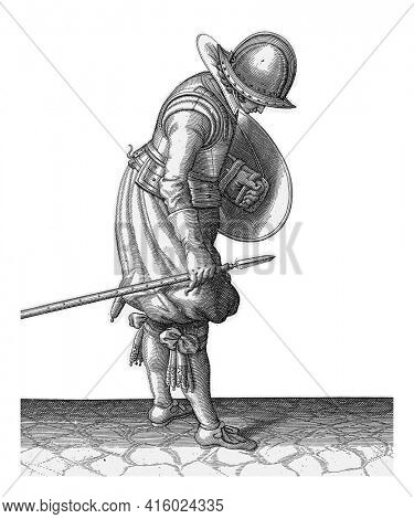 The exercise with shield and spear: the soldier puts the spear next to his right foot on the ground, vintage engraving.