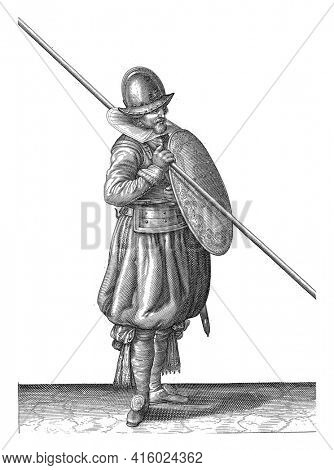 The exercise with shield and spear: the soldier holds the shield with the left hand in front of the body The body and the spear rest on the right shoulder, vintage engraving.