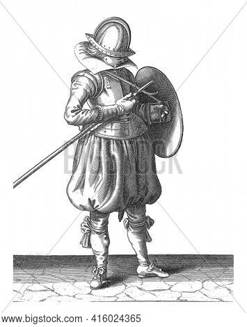 The exercise with shield and spear: the soldier keeps spear and shield close to the body, vintage engraving.
