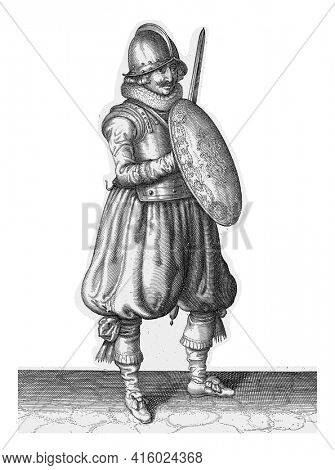The exercise with shield and spike: the soldier in pose with his rapier and shield for the chest, vintage engraving.