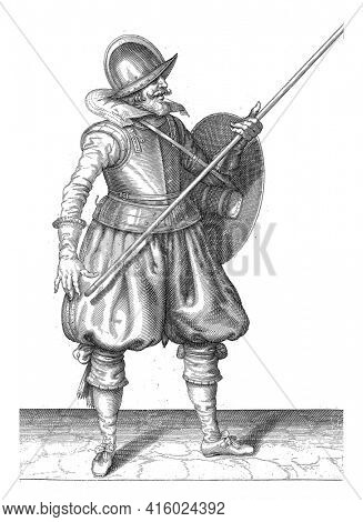The exercise with shield and spear: the soldier brings in three times the skewer back in the resting position, first movement, vintage engraving.