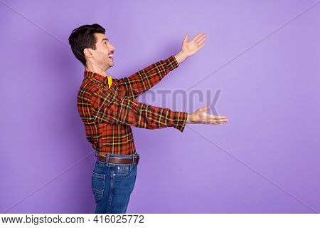 Profile Photo Of Funny Amazed Guy Stretch Hands Look Empty Space Wear Bow Tie Plaid Shirt Isolated V