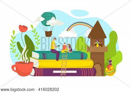 Father Read Book For Cartoon Child, Vector Illustration. Happy Family, Dad Man Character Tell Fairy 