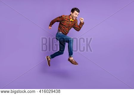Profile Photo Of Crazy Guy Jump Hurry Fast Run Empty Space Wear Bow Tie Plaid Shirt Jeans Shoes Isol