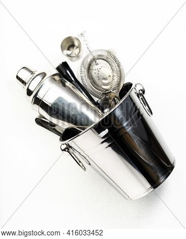Steel Bar Tools And Accessories For Making Cocktail. Shaker, Jigger, Strainer, Spoon, Tongs, Muddler