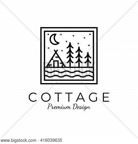 Winter Cottage Minimalist Line Art Badge Logo Template Vector Illustration Design. Simple Minimalist