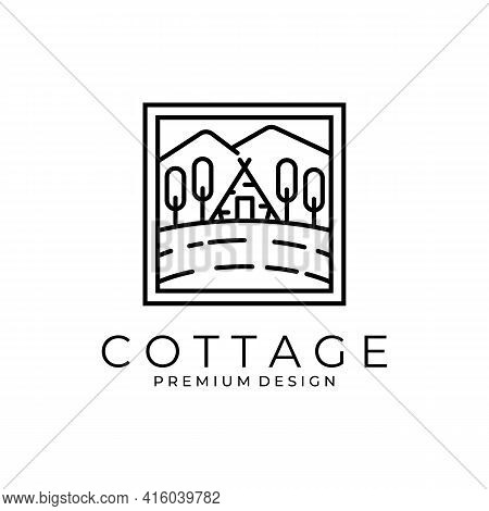 Line Art Cottage House Vector Symbol Illustration With Mountain View Logo Design.