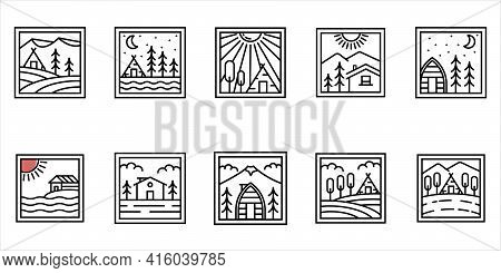 Set Of Cottage / Cabin Logo Minimalist Line Art Badge Logo Template Vector Illustration Design. Simp