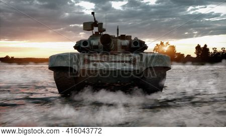 Heavy Military Tank In The Field Of Battle. War Concept, 3d Illustration.