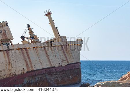 A Large Cargo Ship That Ran Aground In The Sea Caves Area Of Paphos County, Near Coral Bay, During A